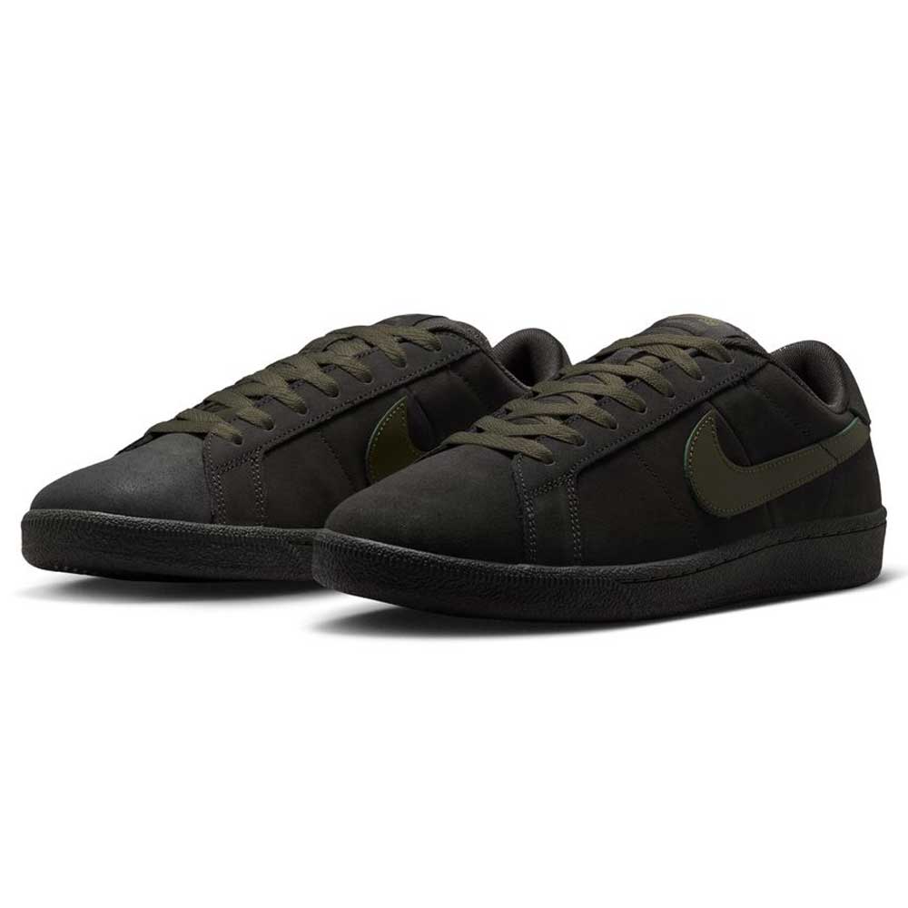 A pair of Nike SB Zoom Tennis Classic HF7386200 skateboarding shoes in deep pewter and medium olive suede, featuring the iconic swoosh and cushioned insoles, displayed on a white background.