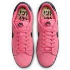 Top view of Zoom Tennis Classic IO8394600 Hyper Pink Black Nike SB leather skateboarding shoes with black Swoosh logos, black outsoles, and insoles featuring a unique black graphic on beige, highlighting Solarsoft insole comfort.