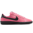 The Nike SB Zoom Tennis Classic IO8394600 Hyper Pink Black Leather Skateboarding Shoes feature a pink upper, black swoosh logo, black heel and sole, and a comfy Solarsoft insole. Shown in side profile on a white background.