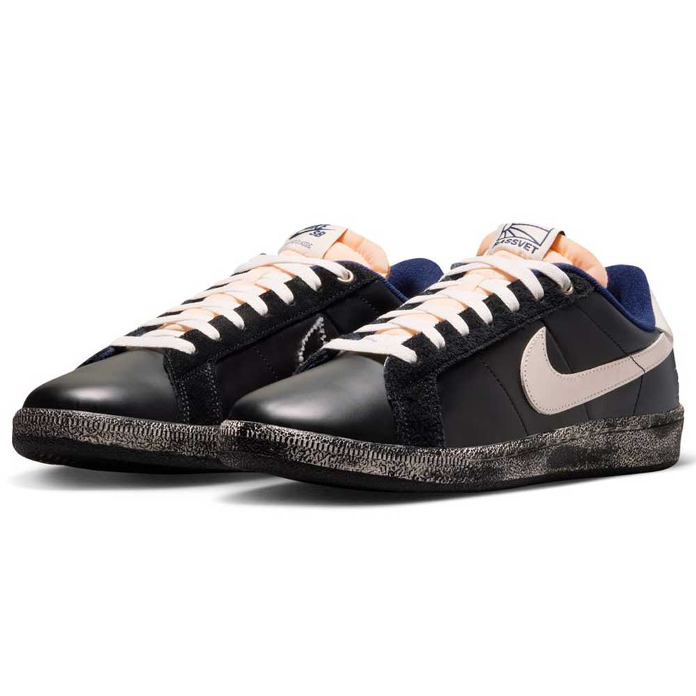 A pair of Zoom Tennis Classic x Rassvet IO9846400 Blue Void Sail Nike SB leather skateboarding shoes, featuring navy blue uppers, white accents, and textured soles, displayed side by side on a white background.