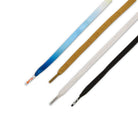 Four flat shoelaces in blue gradient, gold, white, and black are laid out diagonally on a white background. Each lace features branded tips—perfect for styling your Zoom Tennis Classic x Rassvet IO9846400 Nike SB skate shoes.