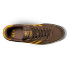 Top view of the Daewon Song Glenburn Brown Yellow KZ8777 Adidas Skateboarding shoe, featuring brown uppers, yellow stripes, yellow Korean text on the tongue and side, and a white sole visible around the edge.