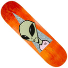 The Alien Workshop Deck 8.5x32.3 Visitor Various Stains features a green alien head with black eyes on a gray hexagonal background and has an orange top with a stained bottom veneer for style.