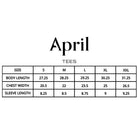 Size chart for Bear Tee Brown April Skateboards T-Shirt, 100% cotton and garment dyed. S–XXL: body length 27.25–31.25", chest width 20.5–26.5", sleeve length 8.25–9.25" (all measurements in inches).
