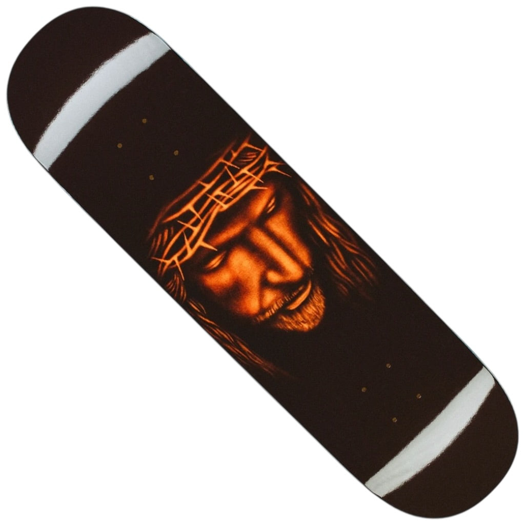 The La Corona AVE Anthony Van Engelen 8.5x31.91 FA deck features an artistic painting of a man's crowned, long-haired face in warm tones on a dark background, accented with white stripes at each end.
