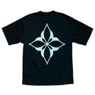 Introducing the Cleo Icon Black Tee—an expertly crafted black t-shirt featuring premium cut-and-sew construction for a superior fit. The centerpiece of its design is a bold, white geometric motif on the back, showcasing four pointed, petal-shaped elements arranged in a strikingly symmetrical, flower-like pattern.