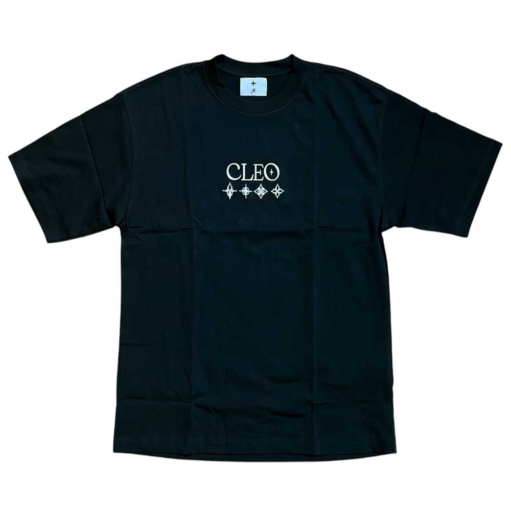 Introducing the Cleo Icon Black Tee: a black short-sleeve cut-n-sew t-shirt featuring “CLEO” and five diamond-shaped symbols printed in white on the chest, designed for a proper fit and timeless style.