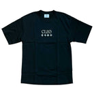 Introducing the Cleo Icon Black Tee: a black short-sleeve cut-n-sew t-shirt featuring “CLEO” and five diamond-shaped symbols printed in white on the chest, designed for a proper fit and timeless style.