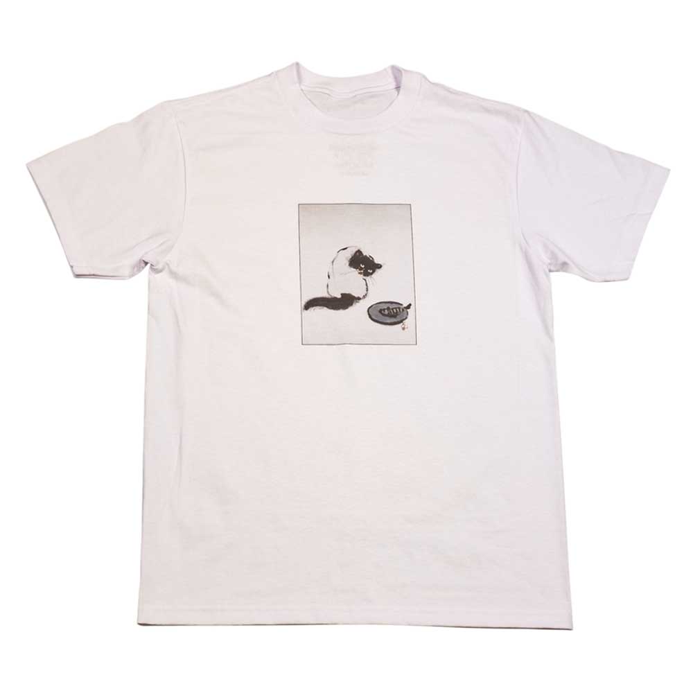 The Curious Cat Southside White Tee by Nguyen Duc Hien is a soft USA cotton shirt with a minimalist cat illustration gazing at a bowl, centered on the front.