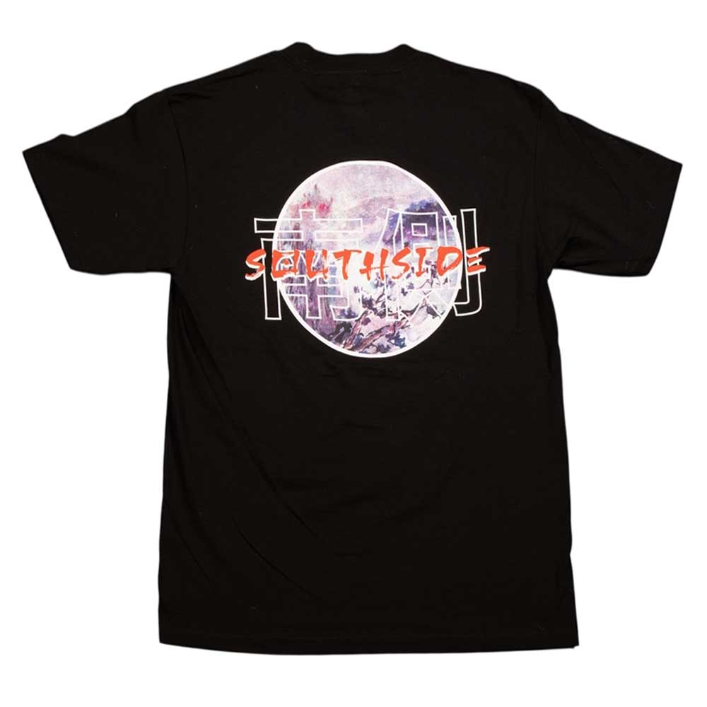 The Kanji Southside Black Tee by Nguyen Duc Hien is a black oversized streetwear T-shirt with a bold red “SOUTHSIDE” logo, large moon graphic, Japanese-style artwork, and white kanji on the back. Made from 100% cotton for comfort.