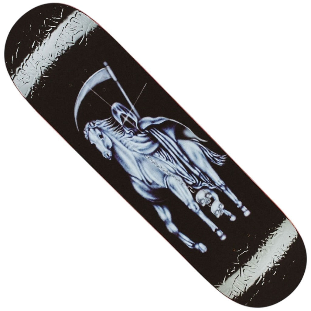The Elijah Berle Muerte 8.5x31.91 FA Deck features a hooded Grim Reaper holding a scythe and riding a horse, painted in white and gray tones on a black background.