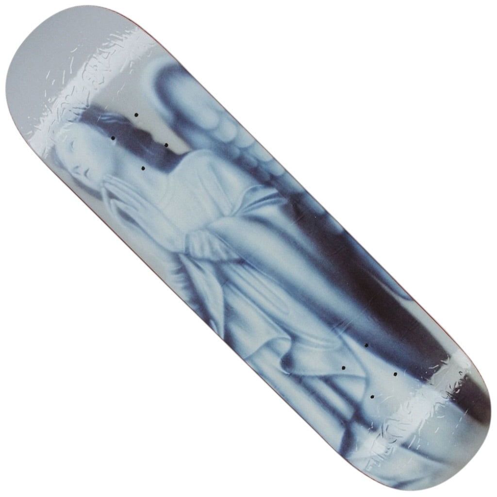 The Prayers Jake Anderson 8.38x31.75 FA Deck showcases an airbrushed image of a serene, standing Buddha in white and gray tones on a light background.