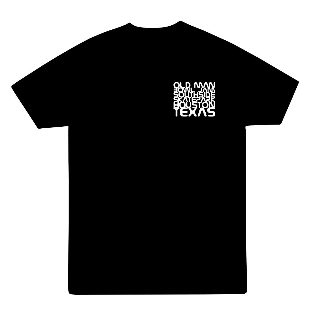 Pre-order the Old Man Bowl Jam 2026 T-Shirt: black tee with small stacked white text—OLD MAN BROWN SOUTH SIDE STATESMAN HOUSTON TEXAS—on the upper left. Get yours for Southside Skatepark!.
