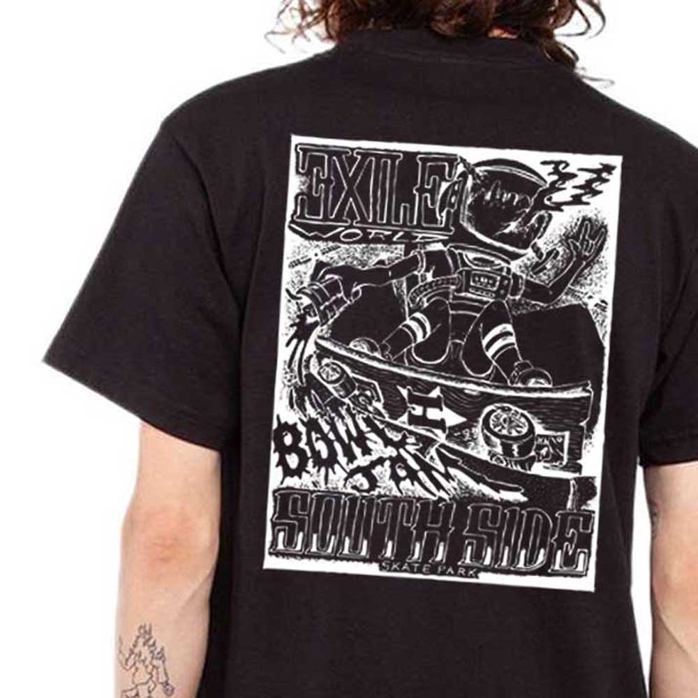 Wearing the Pre-Order Old Man Bowl Jam 2026 T-Shirt in black, featuring a skateboarding astronaut graphic, comic-style designs, EXILE and SOUTH SIDE SKATE PARK text, celebrating the 2026 event at Southside Skatepark.