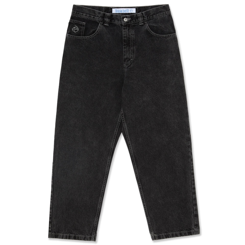 Polar Big Boy Jeans Silver Black Denim are high-waisted, loose-fit black jeans made from soft cotton with a slightly faded wash, classic five-pocket design, and a small embroidered logo on the right front pocket.