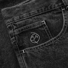Close-up of the front pocket on Polar Big Boy Jeans Silver Black Denim, showing white stitching and an embroidered abstract face on the small coin pocket.