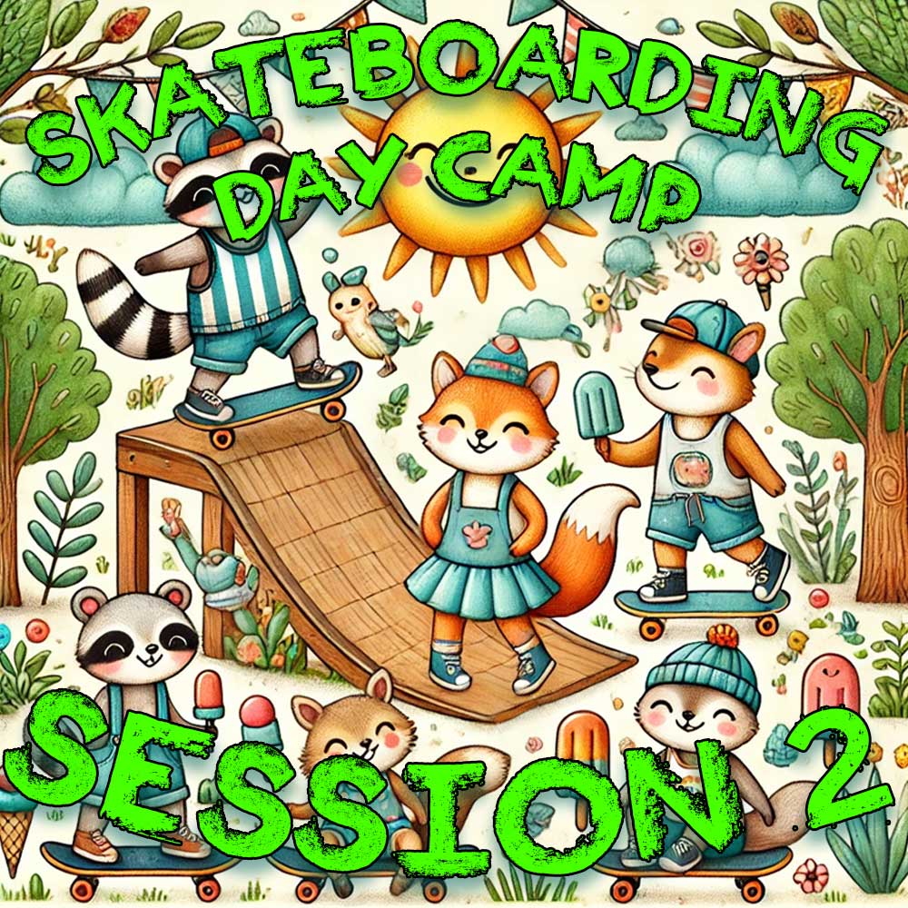 Cartoon raccoon, fox, and bear ride skateboards and eat popsicles at Southside Skatepark. Text in bright green: “Skateboarding Instructional Summer Break Day Camp 2 June 1st, 2nd, 3rd 2026.”.