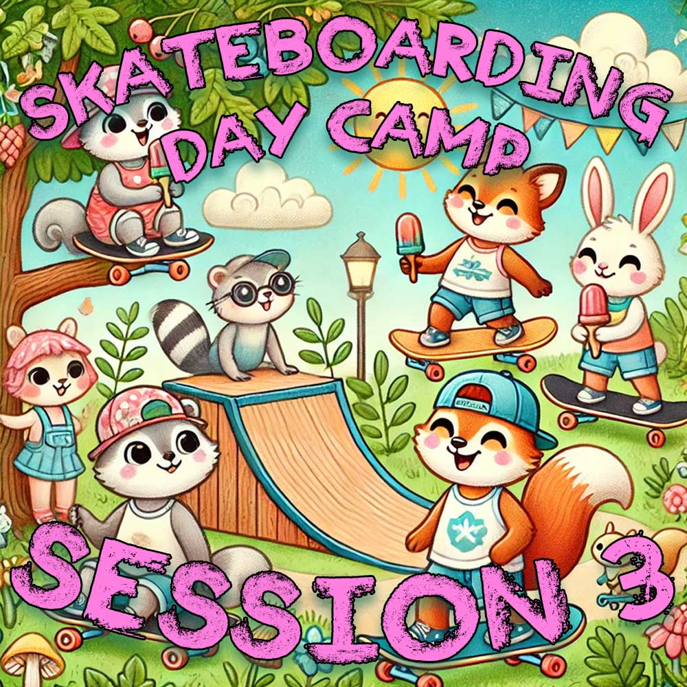 Cartoon animals skateboard and eat popsicles at sunny Southside Skatepark. Text says “Skateboarding Instructional Summer Break Day Camp 3, June 8–10, 2026”—perfect for learning tricks during summer break!.