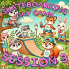 Cartoon animals skateboard and eat popsicles at sunny Southside Skatepark. Text says “Skateboarding Instructional Summer Break Day Camp 3, June 8–10, 2026”—perfect for learning tricks during summer break!.