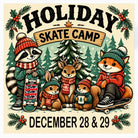 A raccoon and fox with skateboards join other forest animals in winter clothes by a Christmas tree to advertise the Holiday Break Instructional Skateboarding Day Camp December 28th and 29th 2026.