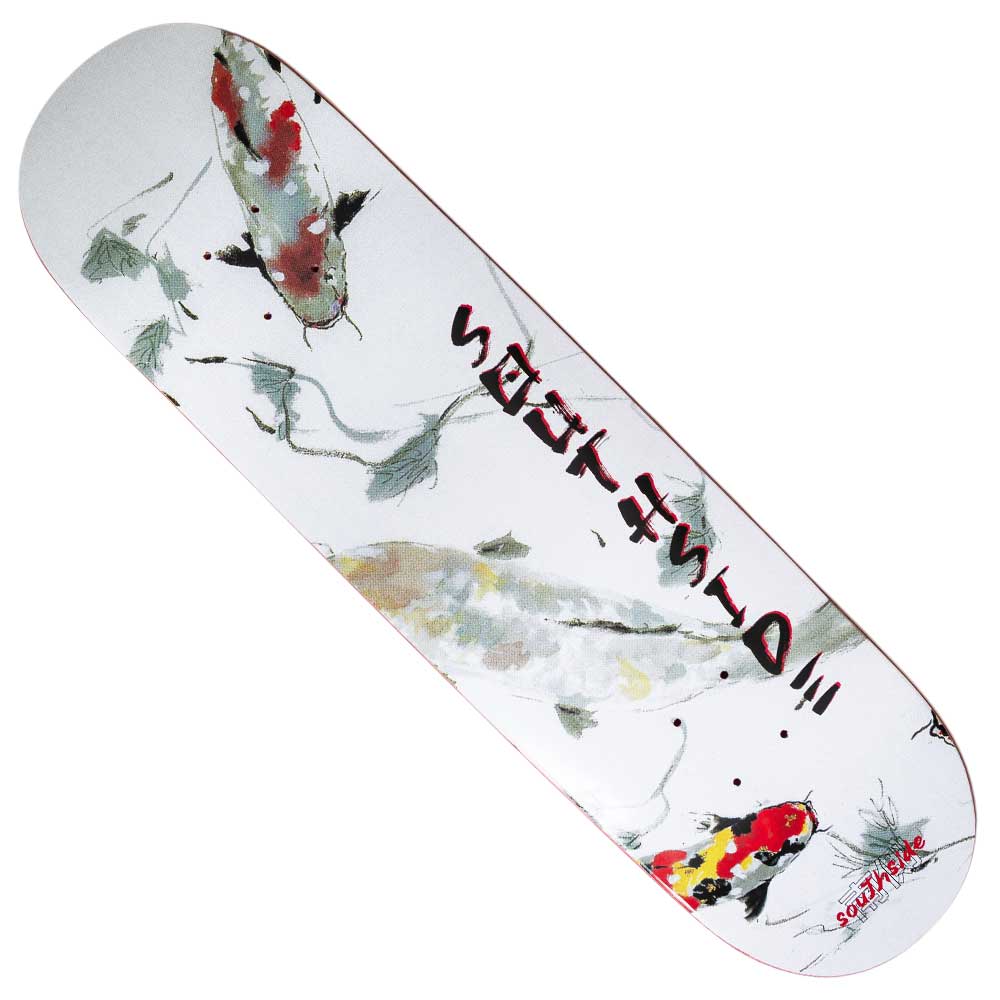 The Koi Pond Southside Skateboard Deck by Nguyen Duc Hien features koi fish, water, and plant designs with Japanese-style text across the center.