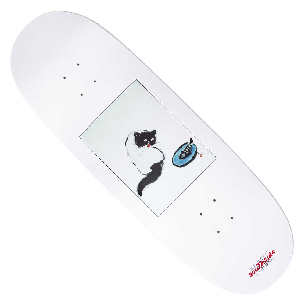 The Curious Cat White Dipped Egg 9.75x32 Southside Skateboard Deck by Nguyen Duc Hien features a black and white cat gazing at a blue fish in a bowl, with red text in the lower right corner.