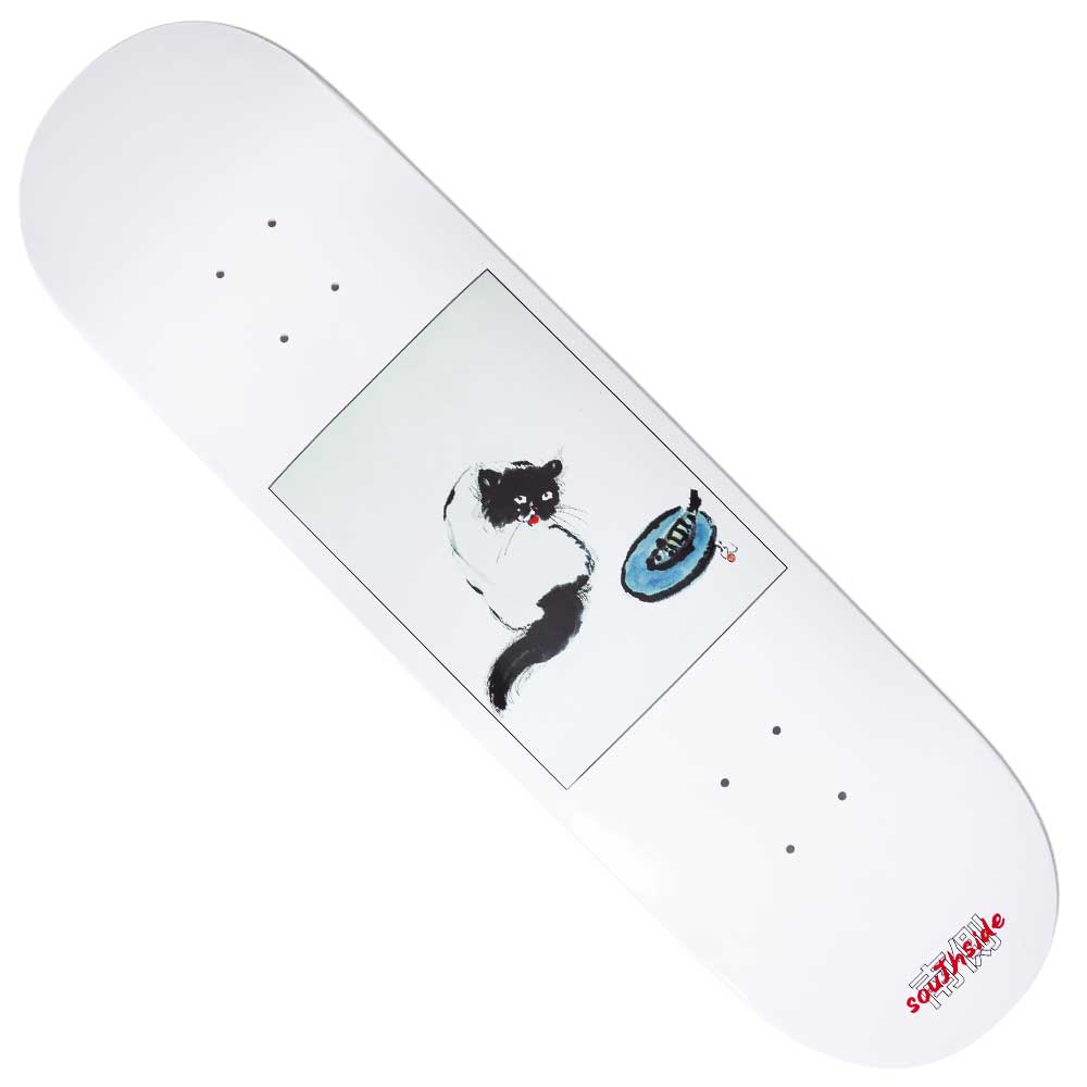 The Curious Cat White Dipped Southside Skateboard Deck by Nguyen Duc Hien features a black and white cat watching a blue fish in a bowl, with the Southfield logo in red at the bottom right.