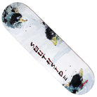 The Family Duck Southside Skateboard Deck by Nguyen Duc Hien features three black and yellow birds on a mostly white background with light blue and gray accents, plus red stylized text along the bottom.