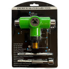 The Southside Multi-Functional Ratchet Tool Green comes in plastic packaging, featuring a T-shaped tool with multiple skateboard sockets and attachments. Package details and specs are listed in white text on a black background.