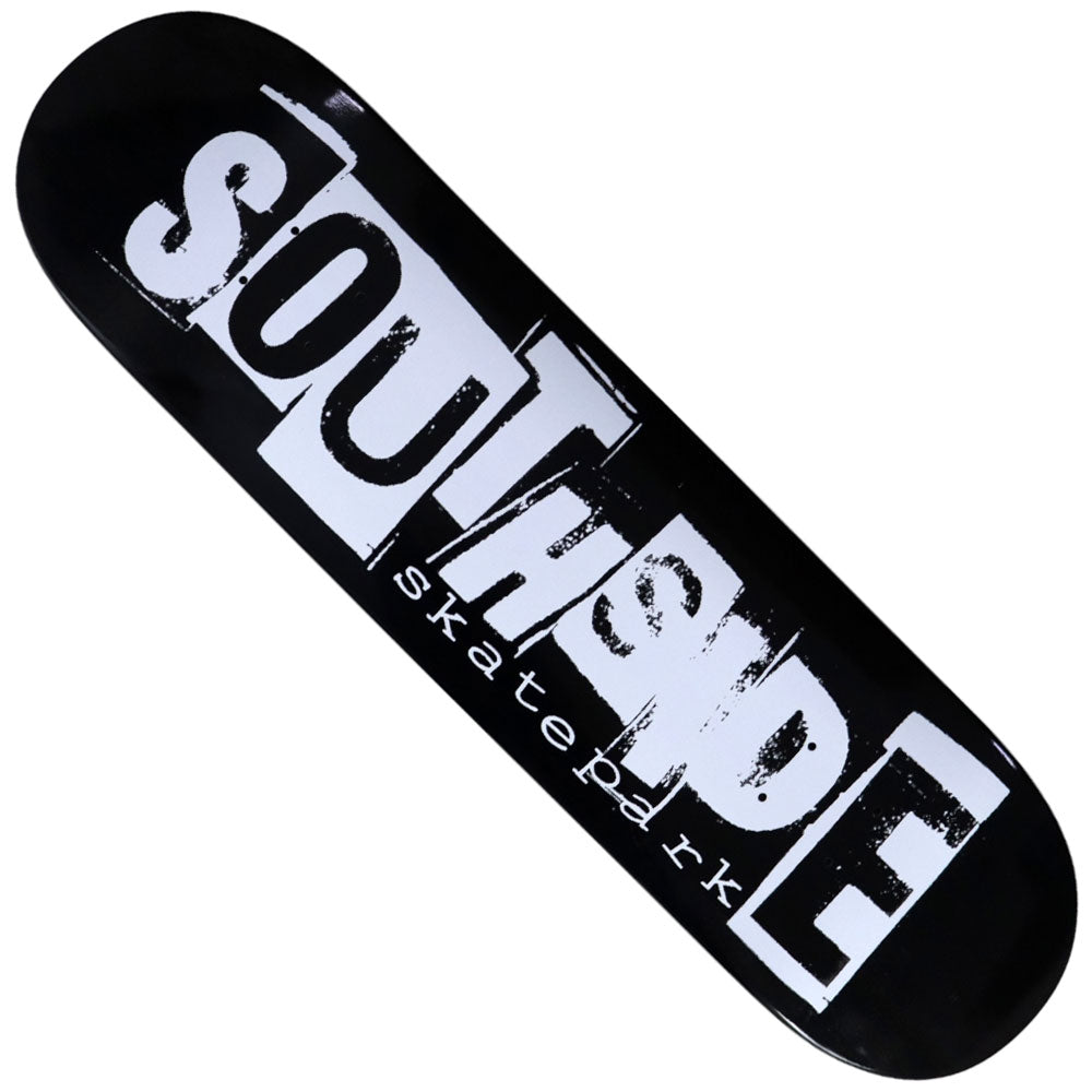 The Ransom Black Dipped Southside Skatepark Skateboard Deck features the word SOUTHGATE in bold, distressed white letters across the deck and “skatepark” in smaller white text underneath, drawing inspiration from classic Southside Skatepark style.
