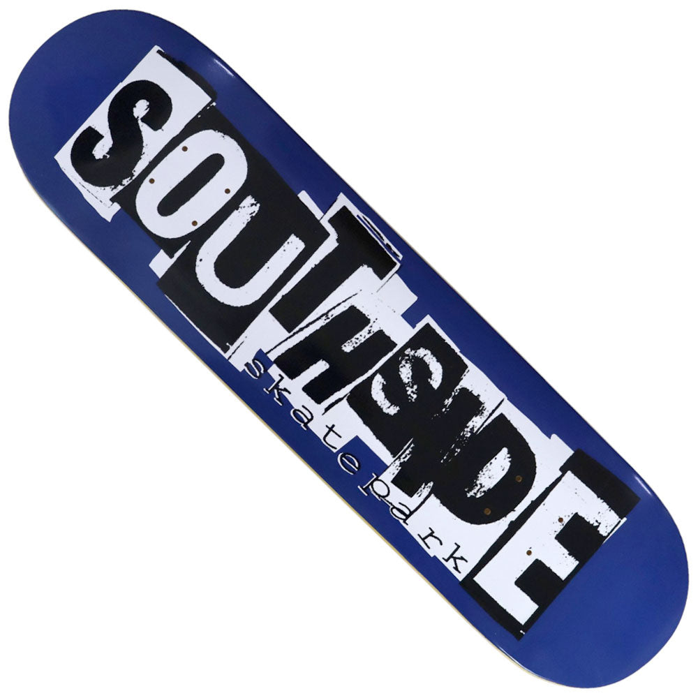 A Ransom Blue Southside Skatepark Skateboard Deck featuring the word SOUTHSIDE in large, bold black and white letters, with “Southside Skatepark” in smaller yellow text underneath.