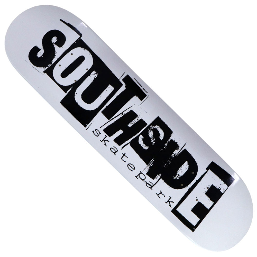 The Ransom White Dipped Southside Skatepark Skateboard Deck showcases bold black SOUTHSIDE lettering above smaller Southside Skatepark text. Its white dipped design and distressed, grungy font deliver a standout look ideal for any skater.