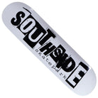The Ransom White Dipped Southside Skatepark Skateboard Deck showcases bold black SOUTHSIDE lettering above smaller Southside Skatepark text. Its white dipped design and distressed, grungy font deliver a standout look ideal for any skater.