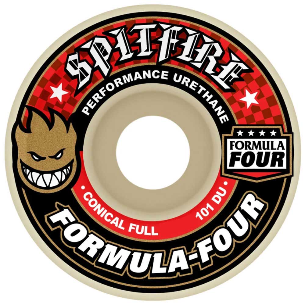 The Spitfire Wheels F4 Conical Full 56mm 101A features the Formula Four logo, a grinning flame graphic, and bold red and black “SPITFIRE,” “FORMULA FOUR,” and “PERFORMANCE URETHANE” text.
