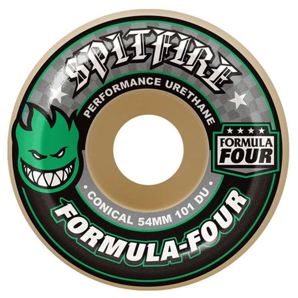 A Spitfire Wheels F4 Conical Green Print skateboard wheel, 53mm diameter and 101A durometer, features a green flame graphic with bold text around the center reading “Performance Urethane” and “F4 Conical 53mm 101A.”.