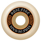 The Spitfire Wheels F4 Lock In Full 54mm99A is a cream skateboard wheel with "LOCK-IN FULL" in white on a black and orange center design; the size 54mm 99A is shown in yellow.