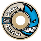 The Spitfire Wheels F4 Radial 53mm99A skateboard wheel has a beige outer ring, a blue cartoon face with sharp teeth, and bold black and white text: Spitfire Wheels, Formula Four, F4 Radial, and 53mm99A.