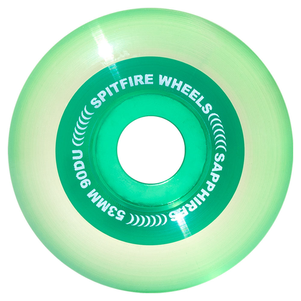 Translucent green Spitfire Wheels Sapphire 53mm90A Clear Green Conical Full skateboard wheel with white text printed on the front.