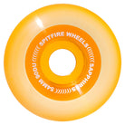 Translucent orange Spitfire Wheels Sapphire 54mm90A Clear Orange Conical Full skateboard wheel with white text printed on the face.