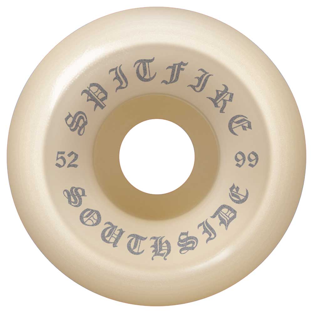 White Spitfire F4 OG Classics 52mm 99A wheels with SPITFIRE and SOUTHSIDE in black gothic font—includes FREE Spitfire Tee, made for Southside Skatepark.