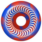 The F4 OG Classics 56mm 99A Red Blue Swirl Spitfire Wheels feature a marbled red and blue design with a central hole, capturing Spitfire's iconic style—plus get a FREE Spitfire Tee x Southside Skatepark.