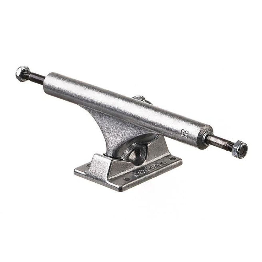 The Ace 66 Classic Polished Trucks Set of TWO features silver metal skateboard trucks with flat base plates and axles, shown side view on a white background, highlighting their sleek polished finish.