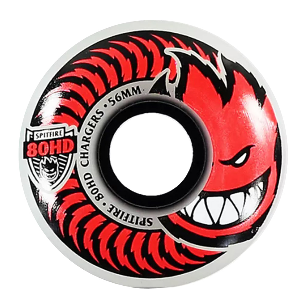 White Spitfire Wheels 80HD Classic Full 56mm Soft skateboard wheel with a red and black graphic featuring a stylized, grinning character and text including 80HD.