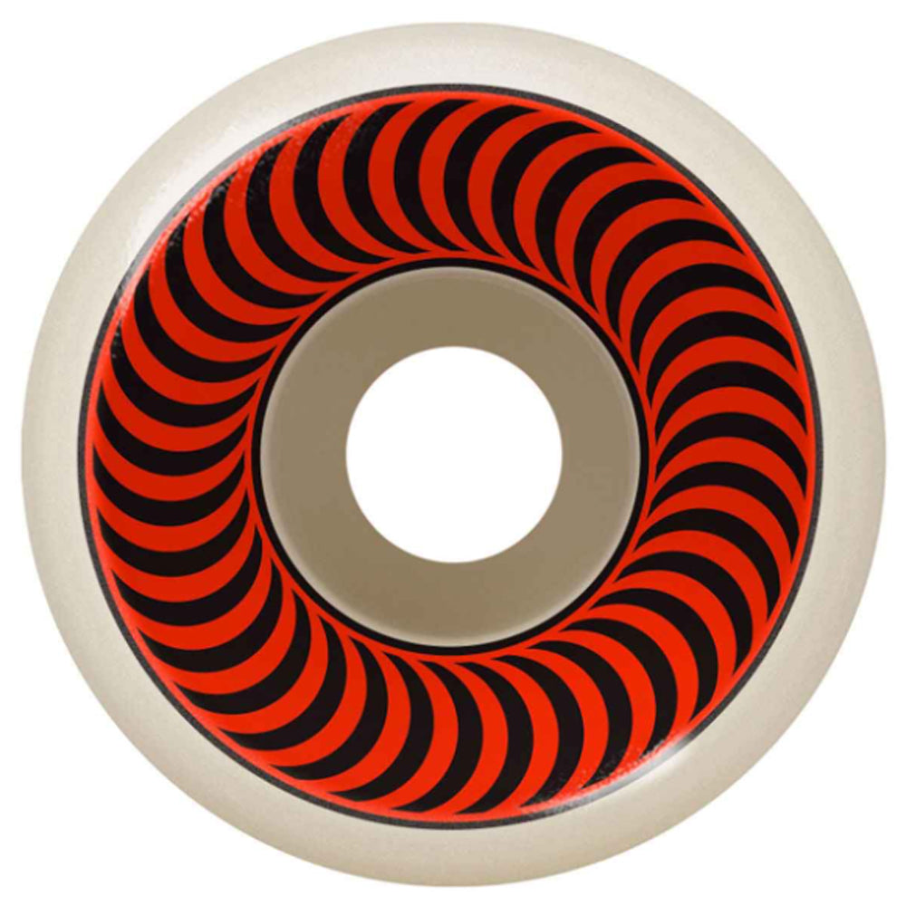 The Spitfire Wheels Classic 60mm99A features a white wheel with bold black and red spiral graphics, delivering an optical illusion design. The 60mm size and 99A durometer ensure excellent control and durability for all skate styles.