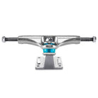 A set of two Thunder 148 Trucks Hollow Polished II with blue bushings, shown from the front, each featuring a silver finish and mounted on a rectangular baseplate with multiple holes for skateboard deck attachment.