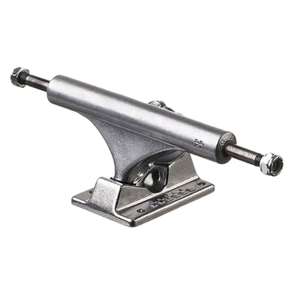 The Ace 44 Classic Polished Trucks Set of TWO features sturdy metal baseplates, axles, and kingpins, designed for decks from 8.12 to 8.5 inches and built to support skateboard wheels.