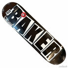 The Brand Logo Deck Black White 8.25x31.8 by Baker Skateboards features bold diagonal BAKER lettering and corner sticker accents, blending iconic style with top skate performance.