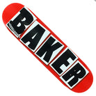 The Baker Skateboards Brand Logo Black deck, sized 8.38x32.1, displays bold black and white lettering of the iconic logo across its surface.