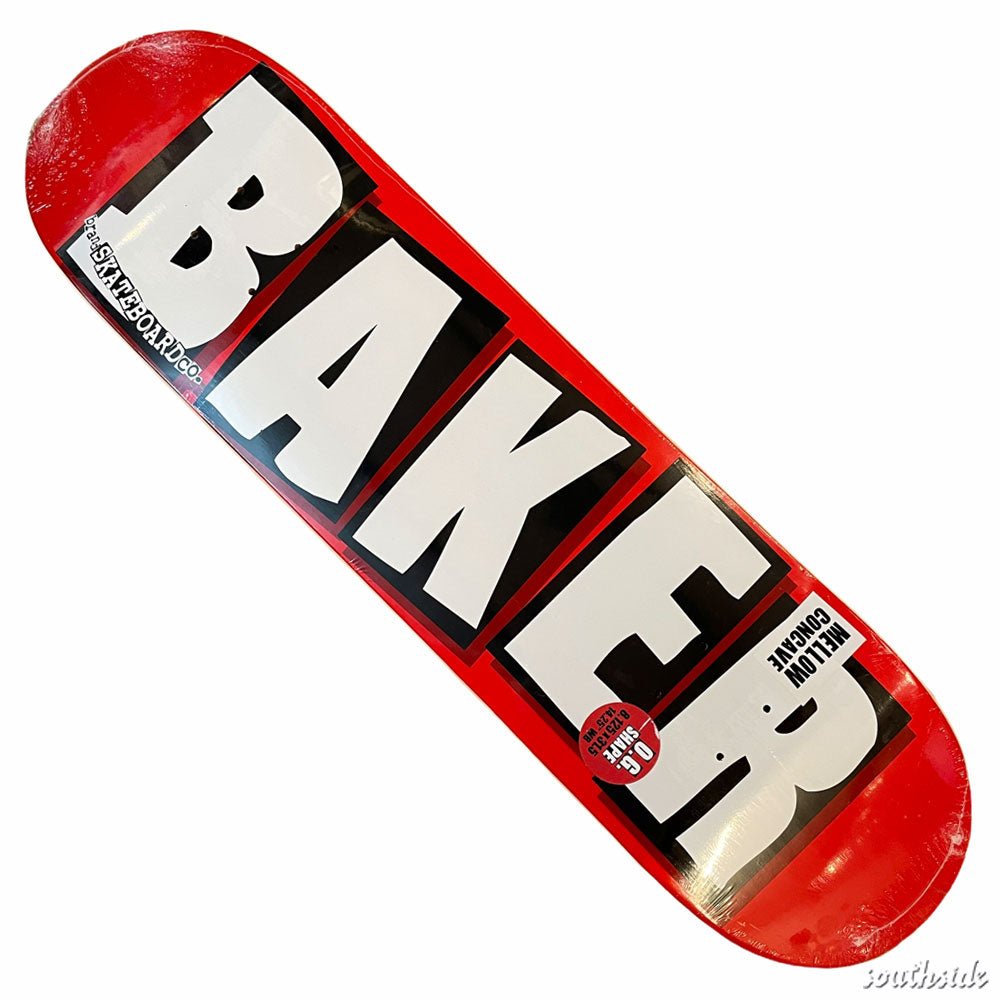 The Brand Logo Deck White 8.12x31.6 by Baker Skateboards features bold white BAKER lettering outlined in black on an OG shape deck with mellow concave and “HELLION CONWAY” printed at the bottom right.