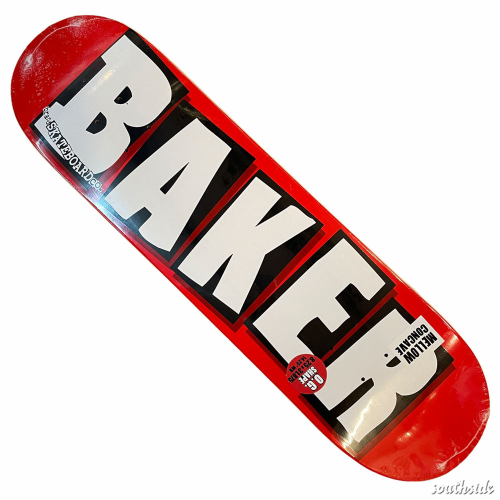 The Baker Deck Brand Logo White 8.25x31.875 features bold black and white BAKER lettering diagonally across the red deck, with the eye-catching logo spanning most of the surface.